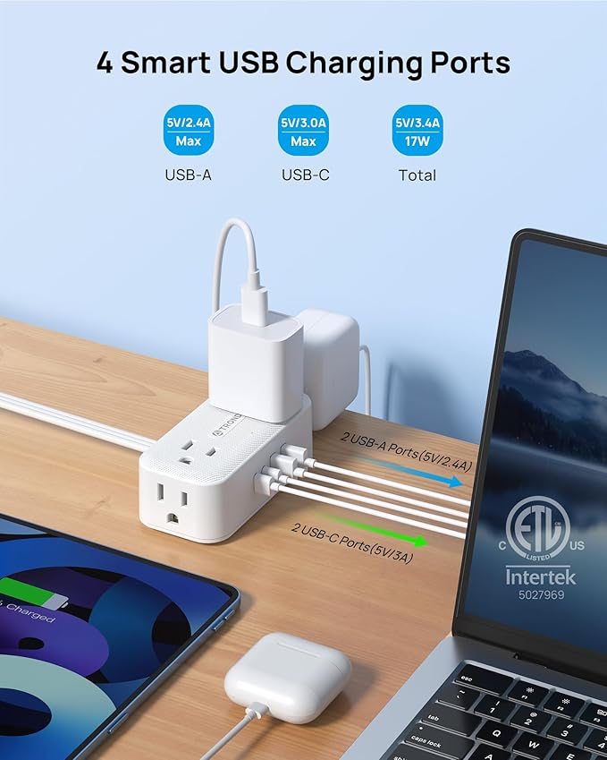 TROND 360° Rotating Flat Plug Power Strip, 3FT Extension Cord with 4 USB Ports, 4 Wide Spaced AC Outlets, Wall Mount, 900J Surge Protector for Office Travel Dorm Room Essentials, White