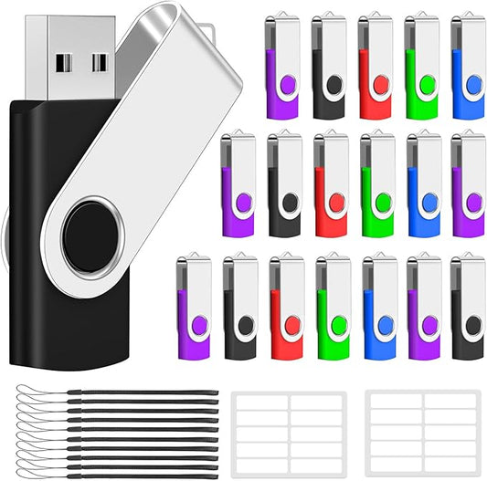 AreTop 20 Pack 2GB USB Flash Drives Bulk of 2.0 Thumb Drives Pack 2GB USB Drive Bulk Pen Drive Zip Drive Memory Stick with Lanyard for Storage and Backup (Mixed Colors 20pcs)