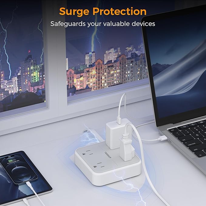 10 FT Surge Protector Power Strip, TESSAN Extension Cord Flat Plug with 4 Widely Outlets Extender, Indoor Desk Charging Station with Surge Protection for Home, Office Supplies, Dorm Room Essentials