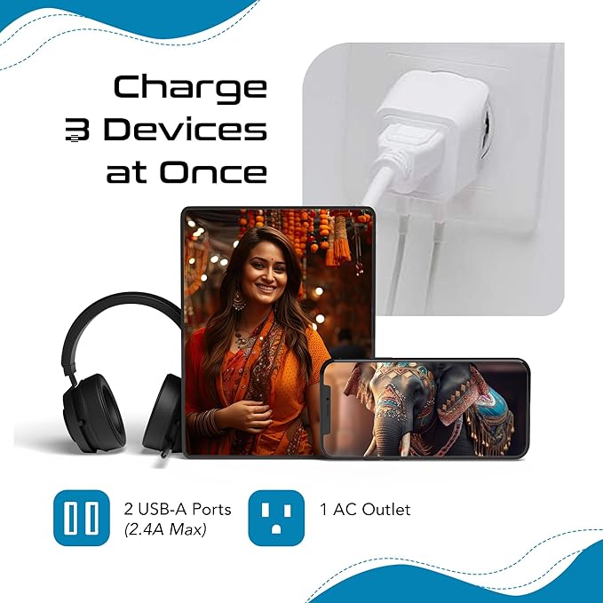 Ceptics India, Nepal, Bangladesh Travel Adapter Plug with Dual USB - Type D - Usa Input - Ultra Compact - Safe Grounded Perfect for Cell Phones, Laptops, Camera (CTU-10)