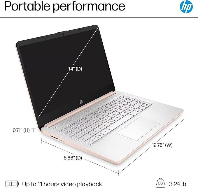 HP 14" Laptop 2025 Business Student Slim Computer, Lifetime MS Office, Copilot AI, Quad-Core Intel CPU, 16GB RAM, 628GB Storage (128GB UFS+500GB Ext), MarxsolAccessory, Wi-Fi 6, Win 11 Pro, Rose Gold