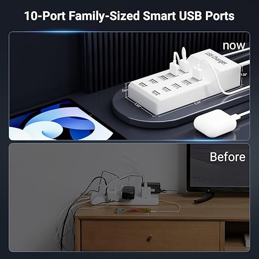 10-Port USB Charger Block - 50W10A Multi USB Charging Station for iPhone/iPad/Samsung Galaxy Note Tablet Android Smartphone(White)