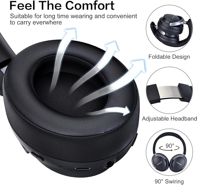 RORSOU B8 Bluetooth Headphones Over Ear, 6 EQ Music Modes and 50H Playtime Deep Bass Wireless Headphones with Mic, Lightweight Folding HiFi Stereo Headset for iPad/Travel/Tablet/PC/Home Space Black