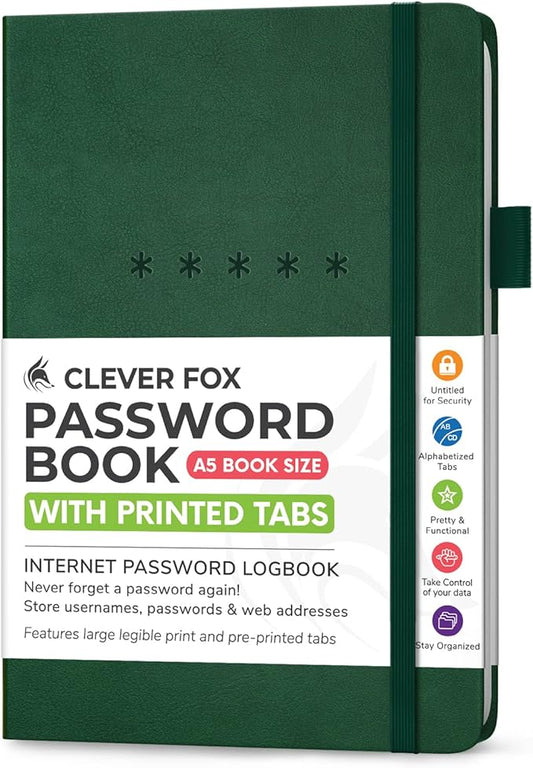 Clever Fox Password Book – Alphabetized Internet Address & Password Organizer – Computer & Website Password Keeper Notebook – Log-In Password Journal - Medium, A5, 8.3x5.8″, Hardcover (Dark Green)
