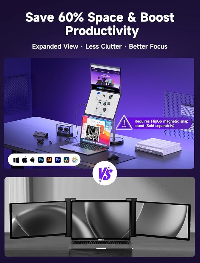 JSAUX FlipGo Pro 16" Dual Portable Monitors, 2.5K Triple Laptop Screen Extender, Portable IPS Dual-Screen Monitor for Laptop[for Windows/Linux/macOS] One Cable to Dual/Magnetic Design/DisplayLink