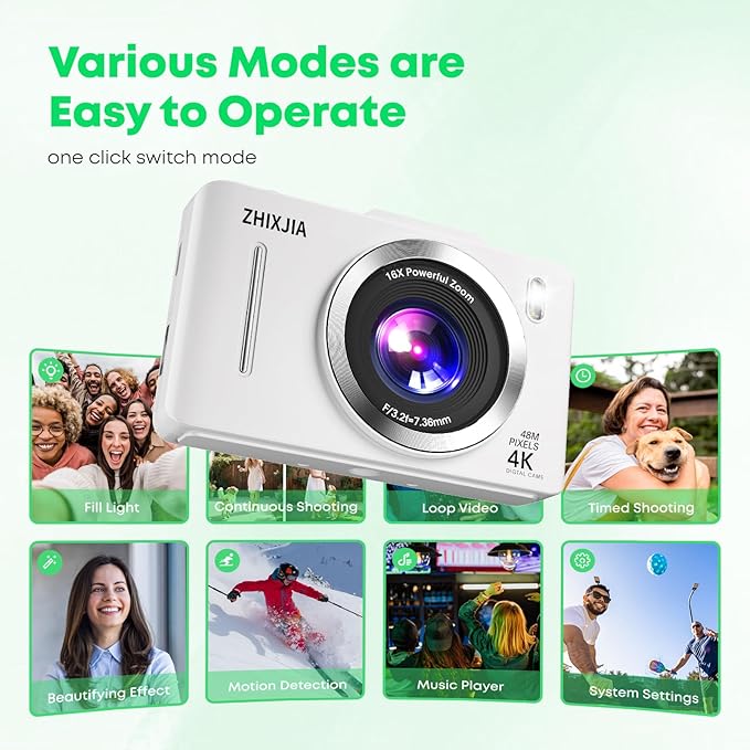 Digital Camera, Autofocus 4K Vlogging Camera for Photography with 64GB Card, 48MP Portable Compact Point and Shoot Digital Camera for Teens Adult Beginner with 16X Zoom, Anti-Shake,(White)