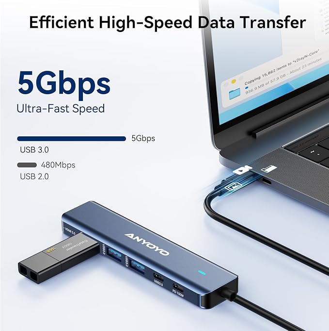 ANYOYO Docking Station,6-in-1 USB C Multiport Adapter with 4K HDMI, 4*USB 5Gbps(3A+1C),100W PD Aluminum USB Hub for MacBook Pro/Air, Other Laptops and Devices （USB-C Does not Support Video Output）