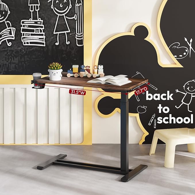 SANODESK Medical Adjustable Overbed Bedside Table with Hidden Casters, Pneumatic Mobile Laptop Computer Standing Desk Cart with Tray, Hospital and Home Use(31.5" W x 17.7" D, Walnut)