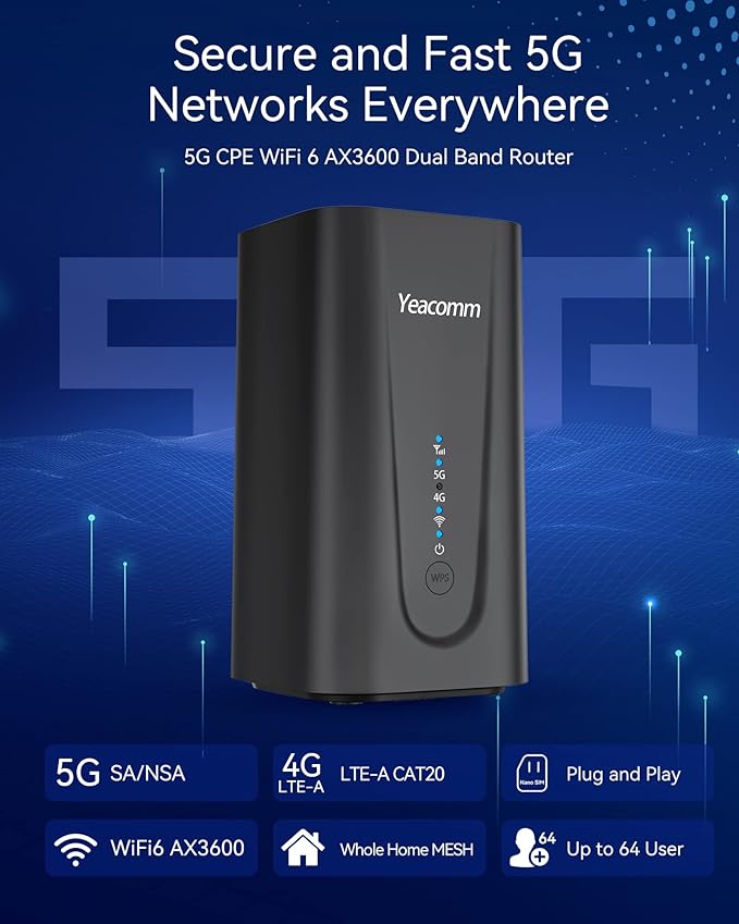 5G Router AX3600 WiFi-6 Modem with Sim Card Slot,NR NSA/SA 5G Cellular Router Up to 4.67Gbps,Dual Band Gigabit Wireless & LTE Cat20 Gateway,Mesh,Band Lock,VPN,No Voice