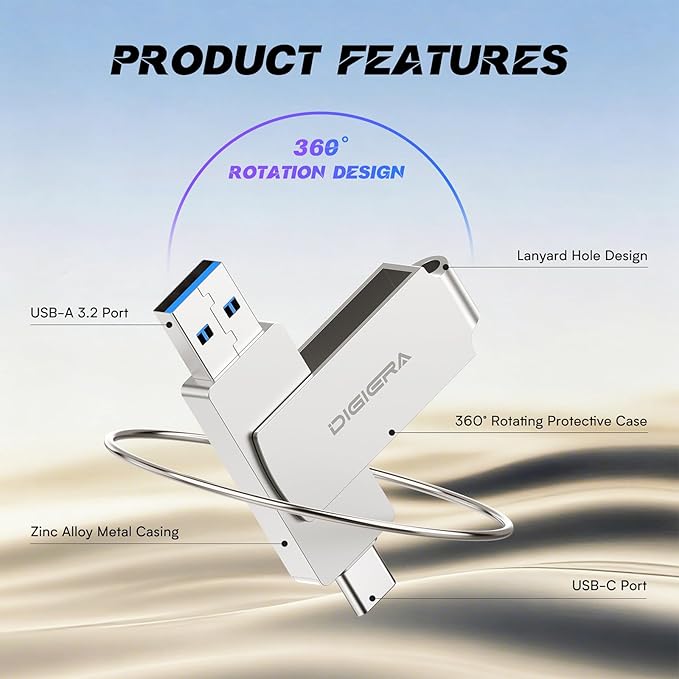 128GB 2‑in‑1 USB‑A & USB‑C Flash Drive, USB 3.2 Gen 2 Thumb Drive, 500MB/s Read 400MB/s Write, 360° Swivel Compact Aluminum Memory Stick for File Transfer, Backup & Travel Storage