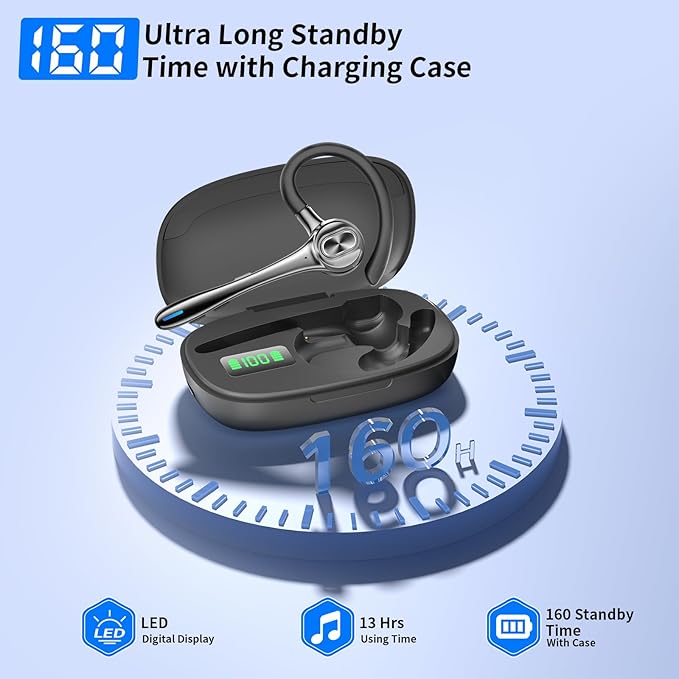 Bluetooth Earpiece Wireless Headset with Noise Cancelling Microphone 160H Standby Time Hands Free Over Ear Ear phone LED Diaplay Charging Case for IOS Android Samsung Cellphones Truck Drivers Business