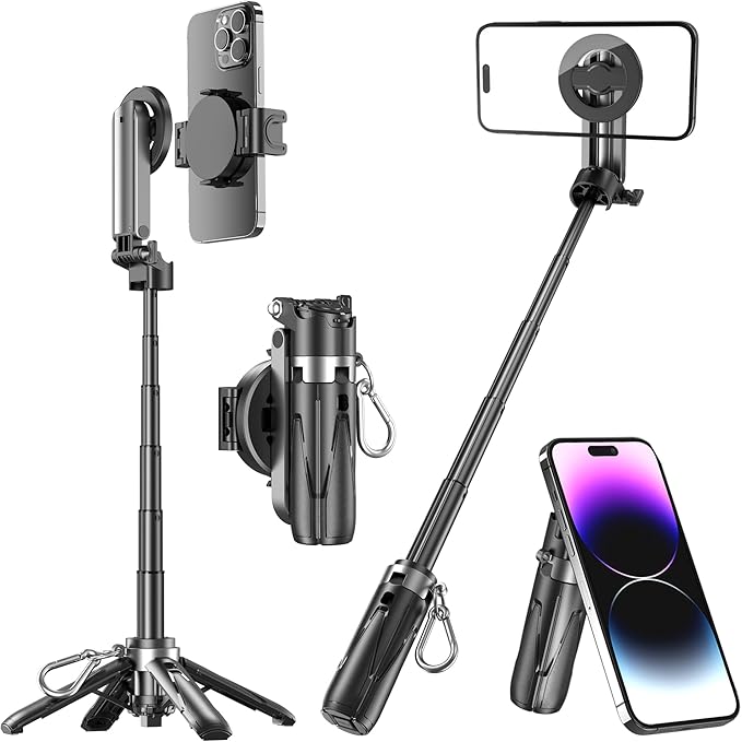 Magnetic Tripod for Phone with Remote Control, Extendable Selfie Stick Handle Grip Pocket Size, 4-in-1 Mini Phone Grip, 10m Wireless Shutter for iPhone Android Phones （Black）
