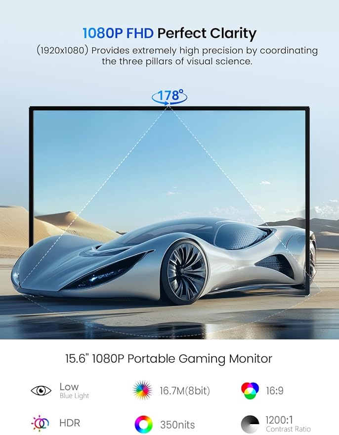 UPERFECT Portable Monitor 15.6", 125% sRGB Ultra-Slim Laptop Monitor with Protective Sleeve, Built-in Adjustment Stand | Speaker | VESA, HDMI USB-C Plug & Play Second Screen for Phone Game Console