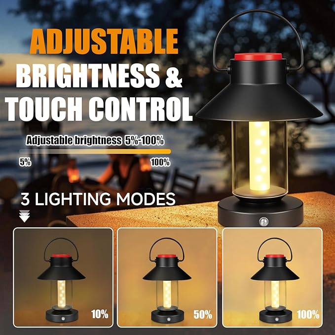 LED Cordless Table Lamp, Portable Metal Rechargeable Outdoor Table Lamp, Touch Dimming Lamp Battery Powered Small Desk Lamp Decor for Patio, Bar, Coffee Shop,Camping Lantern - Black