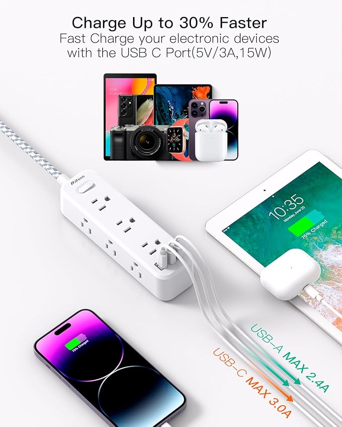 Mifaso Extension Cord, Surge Protector Power Strip, Long Extension Cord with 9 Outlets 3 USB Ports, Extension Cord with Multiple Outlets, USB Power Strip for Dorm Room Essentials, College (5FT, White)