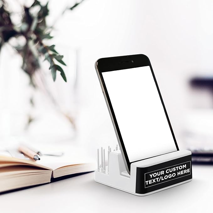 DISCOUNT PROMOS Custom Light Up Logo Phone Stands Set of 100, Personalized Bulk Pack - Essential Smartphone Accessory, Perfect for Office and Home - White