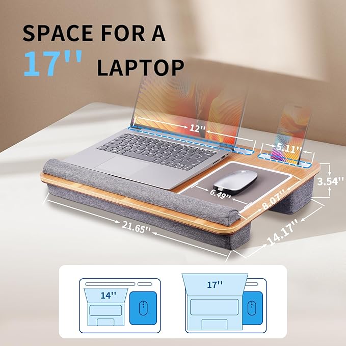 Home Office Lap Desk with Wrist Rest Wrist Rest, Mouse Pad, and Phone Holder Large Laptop Bed Desk for Notebook, Laptop, Tablet, Lap Stand Fits Up to 17 Inch Laptops (Woodgrain)
