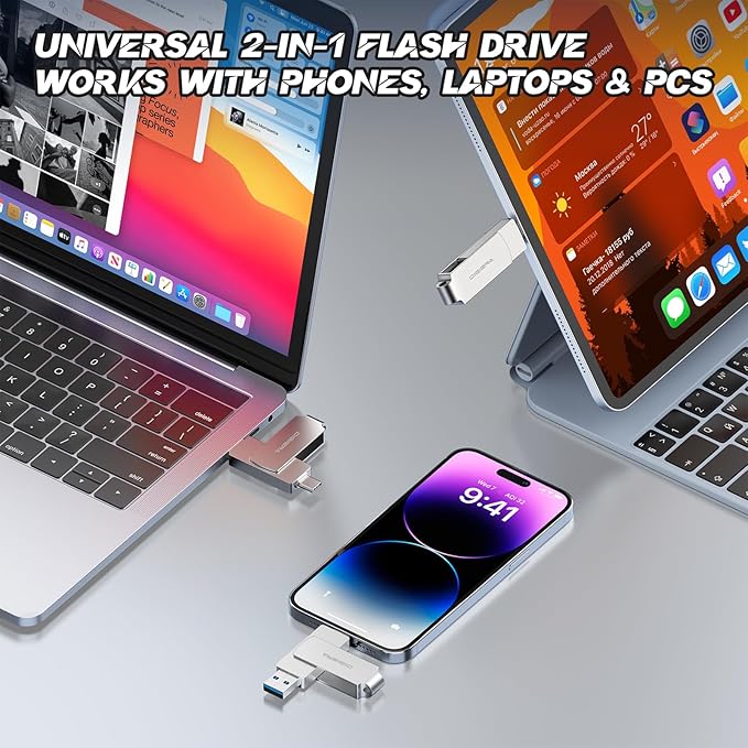 128GB 2‑in‑1 USB‑A & USB‑C Flash Drive, USB 3.2 Gen 2 Thumb Drive, 500MB/s Read 400MB/s Write, 360° Swivel Compact Aluminum Memory Stick for File Transfer, Backup & Travel Storage