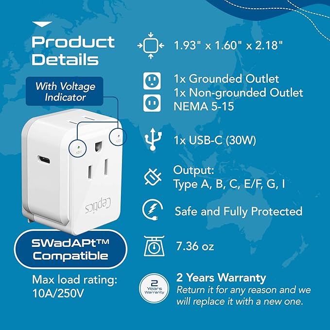 Ceptics World Travel Plug Adapter Set, Safe USB-C 3.0-2 USA Socket,30W PD & QC - Compact & Powerful - Use in Europe Includes Type A, B, C, E/F, G, I SWadAPt Attachments (PAK-30-WS)