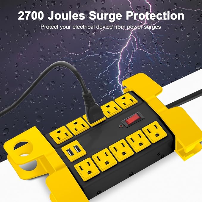 CCCEI Heavy Duty Power Strip with USB Ports, Garage 10 Outlets Surge Protector 2700 Joules, Industrial Workshop Metal 15Amp Multiple Outlets, 15 FT Extension Cord and Wide Spaced Black