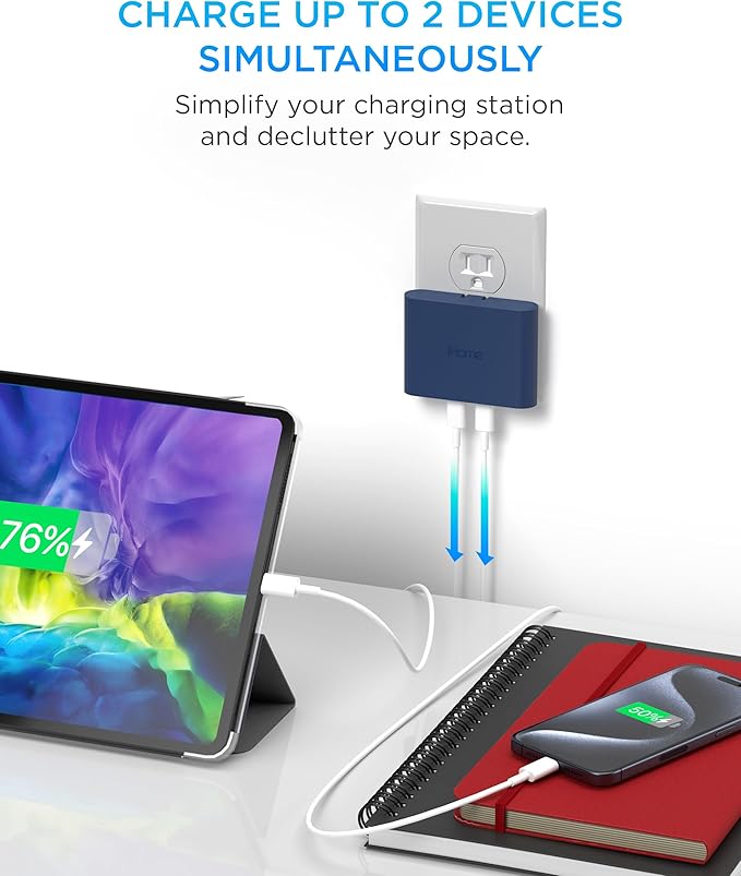 iHome Multiport 40W USB-C Charger, AC Pro 2-Port Flat Block, Dual Fast Charging Wall Adapter