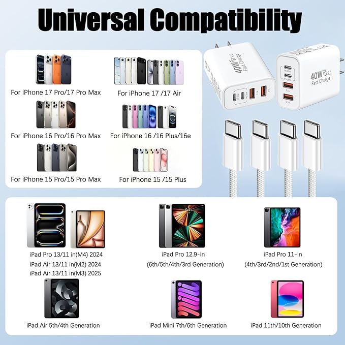 iPhone 17 16 Charger,4-Port USB C Charger Block Fast Charging 2Pack 40W Wall Charger with 10FT USB C to C Woven Braid Cable Cord for iPhone 17 Pro Max/17 Pro/17/Air/16e/16 Pro Max/16 Plus/15/iPad