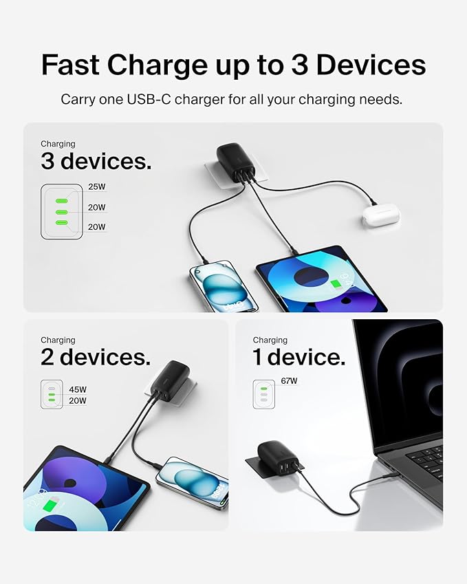 Belkin 3-Port USB C Charger Block w/PPS 67W, USB-C PD 3.1 Super Fast Charging - Samsung Galaxy S25, Apple iPhone 17, Air, Pro, Pro Max, MacBook, AirPods, Apple Watch, Nintendo Switch 2, etc. - Black