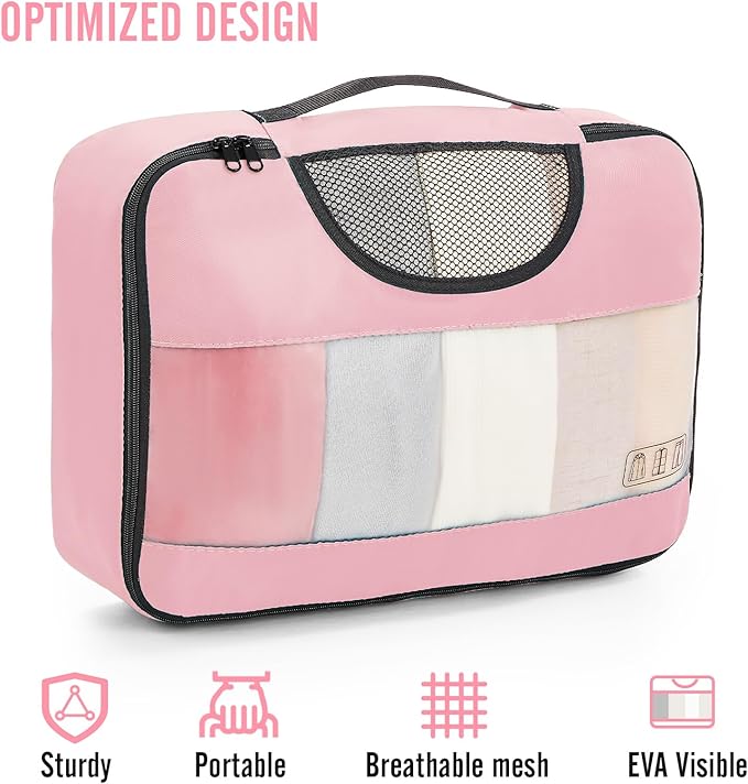 Veken 8 Set Packing Cubes for Travel Essentials, Pink Suitcase Organizer Bags in 4 Sizes, Carry-On Luggage Accessories with Large Laundry & Hanging Toiletry Bag, Must-Have for Airplane, Road Trip