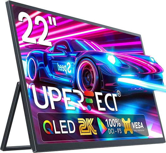UPERFECT 22" QLED 2K Portable Monitor w/VESA & 180° Adjustable Stand, 2560×1440 QHD FreeSync HDR Gaming Display, USB-C HDMI Travel Second Monitor for Laptop, Switch, Phone