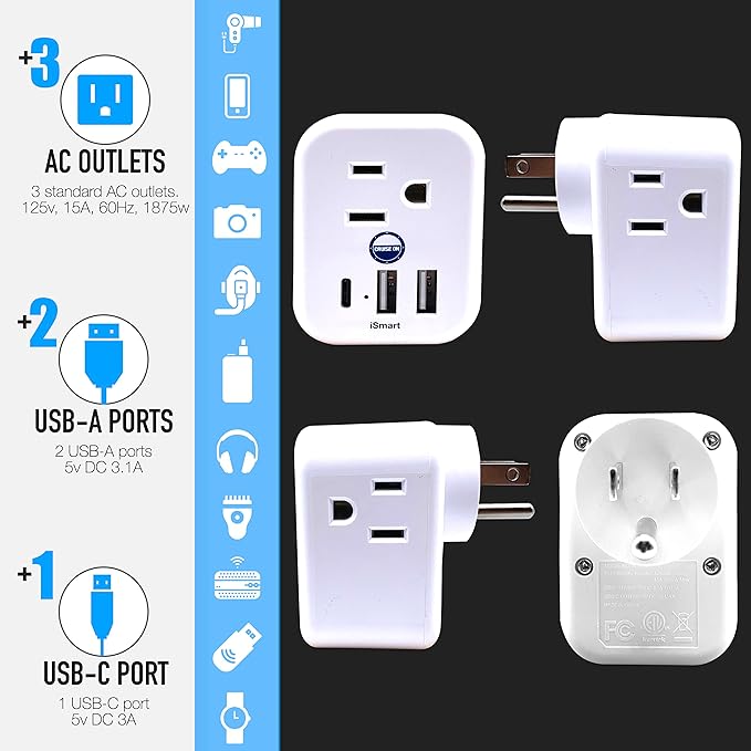 Cruise Approved Power Strip Non Surge Protector for Cruise Ship Multi Plug, 6 Outlets, 2 USB-A, 1 USB-C, & 3 AC Outlet for Carnival, Celebrity, Princess, Norwegian & Major Lines in 2025 & 2026