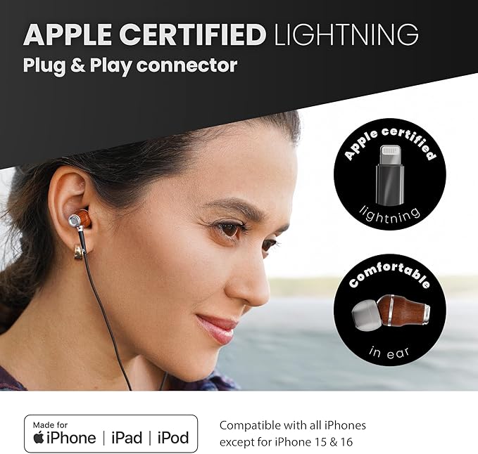 Symphonized iPhone Earphones Wired Deep Bass Sound, 3D Sound, Microphone Volume Control, 90% Noise Cancelling, Bubinga Wooden with Lightning (Apple MFI Certified), iPhone SE to 14 Earbuds (Black)