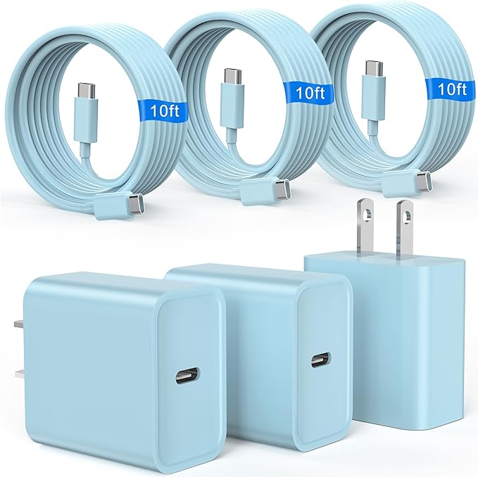 iPhone 17 16 15 Charger Fast Charging, 3 Pack PD 20W USB C Charger with 10FT Cord, USB C Cable Type C Chargers Block for iPhone 17/17 Pro/17 Pro Max/16/16 Plus/16 Pro/16 Pro Max/15/15 Pro（Blue）