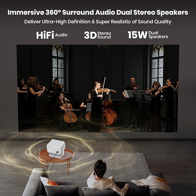 Projector [NetfIix Official/Auto Focus/360° Rotatable Stand] 4K Projector with Wifi and Bluetooth 1080P Native, One-Click Use Built-in NetfIix/YouTube/PrimeVideo/D+, Smart Home Outdoor Projector Gery