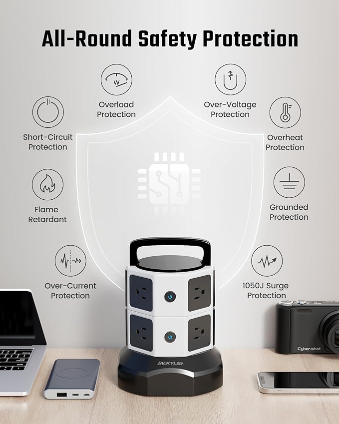 Tower Surge Protector Power Strip, JACKYLED Extension Cord with Multiple Outlets, 8 Outlets 4 USB Ports(2 USB C) 1625W/13A Retractable Cord Charging Station with 1050J Protection, Home Office Supplies