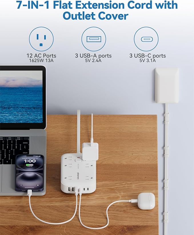 Flat Extension Cord with Outlet Cover & Multi USB- 5 FT, 1625W 3 Prong Extension Cord with 12AC Outlet 6 USB (24W/4.8A), Multi Ports Charging Station for Behind Wall Furniture Couch Sofa TV