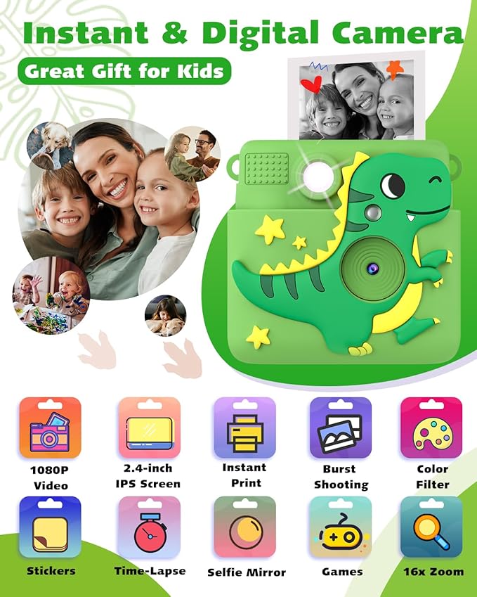 Kids Camera Instant Print, Dinosaur Toys for Boys 3 4 5 6 7 8 9 10 Years Old, 1080P Kids Digital Camera for Toddlers, Christmas Birthday Gifts for Boys Girls 3-12, 32GB SD Card, Green