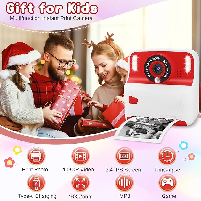 Kids Instant Print Camera, Portable Toys Camera for Toddler, Print Black & White Photos Instantly, Ideal Birthday for Boys & Girls Ages 3–12 (White&Red)
