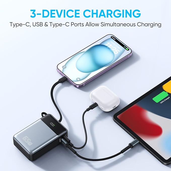 Laptop Power Bank,26800mAh Laptop Portable Charger with Built in Type-c Cable,65W Fast Charging,3-Port Battery Pack,Smart Display,for MacBook,iPad,iPhone,Switch,AirPods,Samsung