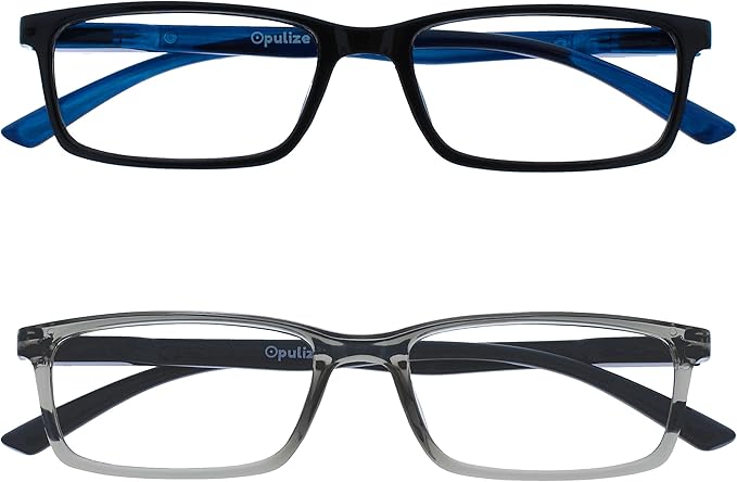 OPULIZE SEE Reading Glasses with Blue Light Blocking for Women and Men, Narrow Frame, Spring Hinges, Computer Gaming Glasses, Black,Grey +2.5 (Pack of 2)