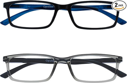OPULIZE SEE Reading Glasses with Blue Light Blocking for Women and Men, Narrow Frame, Spring Hinges, Computer Gaming Glasses, Black,Grey +3.5 (Pack of 2)