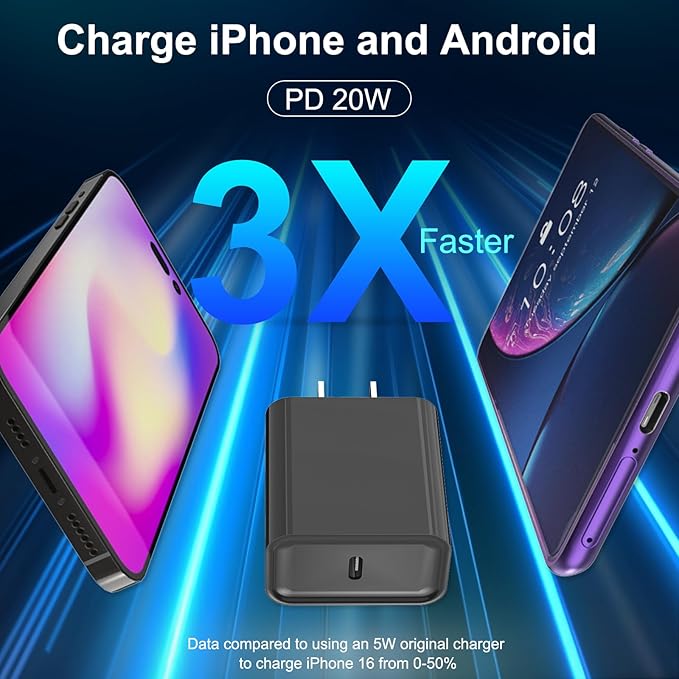 iPhone 17 16 15 Charger Fast Charging, 3 Pack PD 20W USB C Charger with 10FT Cord, USB C Cable Type C Chargers Block for iPhone 17/17 Pro/17 Pro Max/16/16 Plus/16 Pro/16 Pro Max/15/15 Pro（Black）