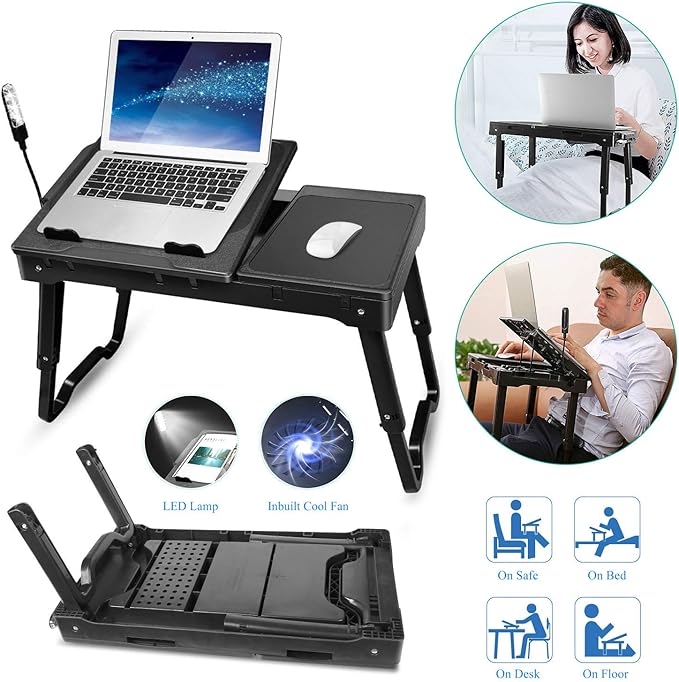 Foldable Laptop Bed Tray Desk Adjustable Lap Table Notebook Desk with Cooling Fan Mouse Board USB Ports LED Light Laptop Stand for Bed Sofa Couch