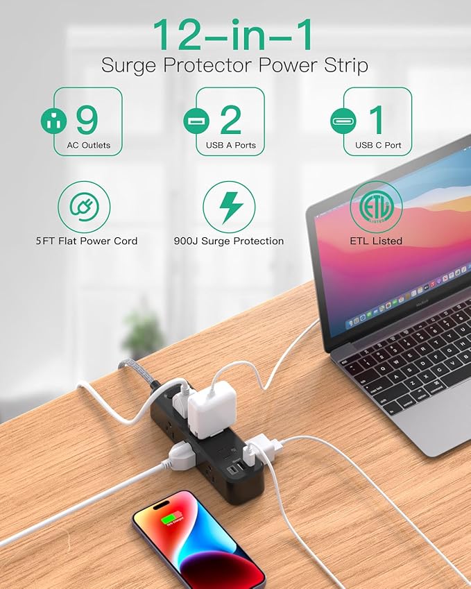 Black Extension Cord, 5FT Surge Protector Power Strip, Long Extension Cord with 9 Outlets 3 USB Ports, Extension Cord with Multiple Outlets, USB Power Strip for Office, Dorm Room Essentials, College