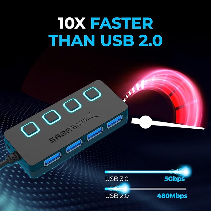 SABRENT 4 Port USB 3.0 Hub with Individual LED Lit Power Switches, Includes 5V/2.5A Power Adapter (HB-UMP3)
