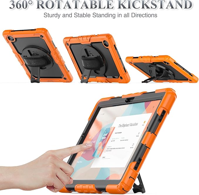 SEYMAC stock Case for Samsung Galaxy Tab A9+ Plus 11'', Full-Body Drop Protection Case with Screen Protector Pencil Holder [360° Rotating Hand Strap] &Stand, Orange+Black