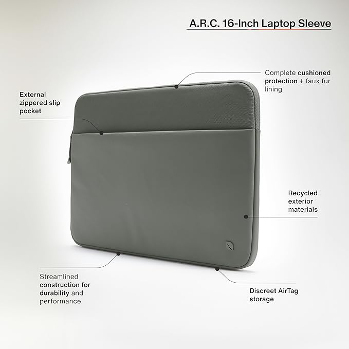 Incase A.R.C. Sleeve with ReSpun Recycled Polyester - 15 inch and 16 inch MacBook/Laptop & iPad/Tablet Case - Cushioned Faux Fur Lining, External Zippered Slip Pocket - Smoked Ivy