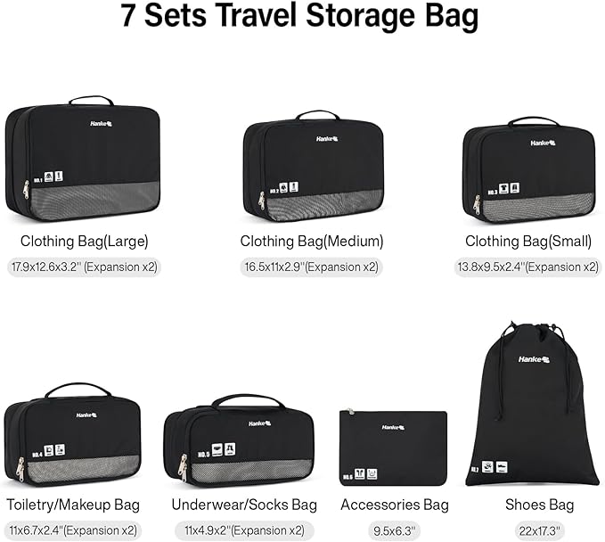 Compression Packing Cubes (Pack of 7), Expandable Luggage Organizer Bags, Hanke Packing Cubes for Travel, Double Zipper Durable Travel Packing Organizers for Suitcase Backpack and Carry-On
