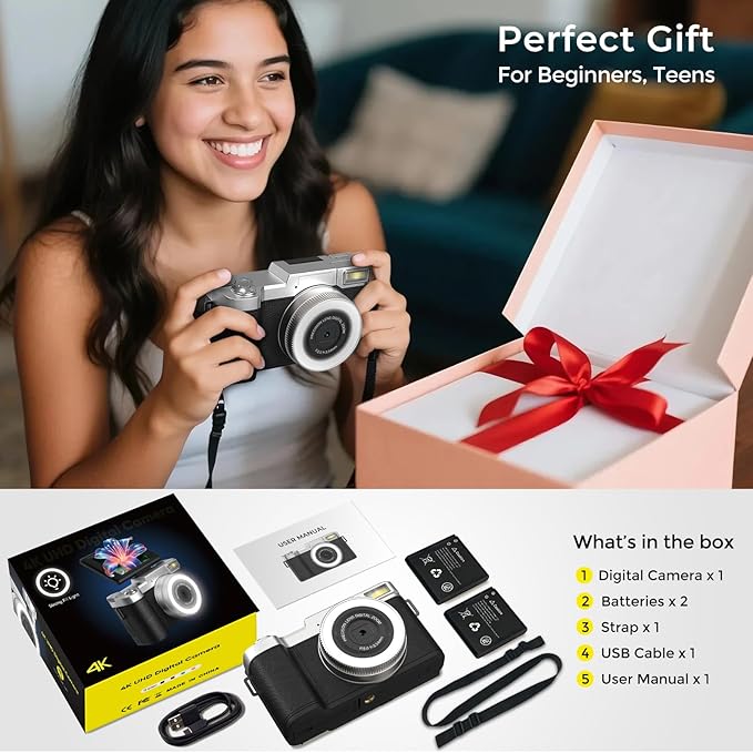 4K Digital Camera for Photography 64MP Vlogging Camera for YouTube with Flip Screen Point and Shoot Camera for Teens with Built-in LED Selfie Light Compact Camera for Beginners with Batteries