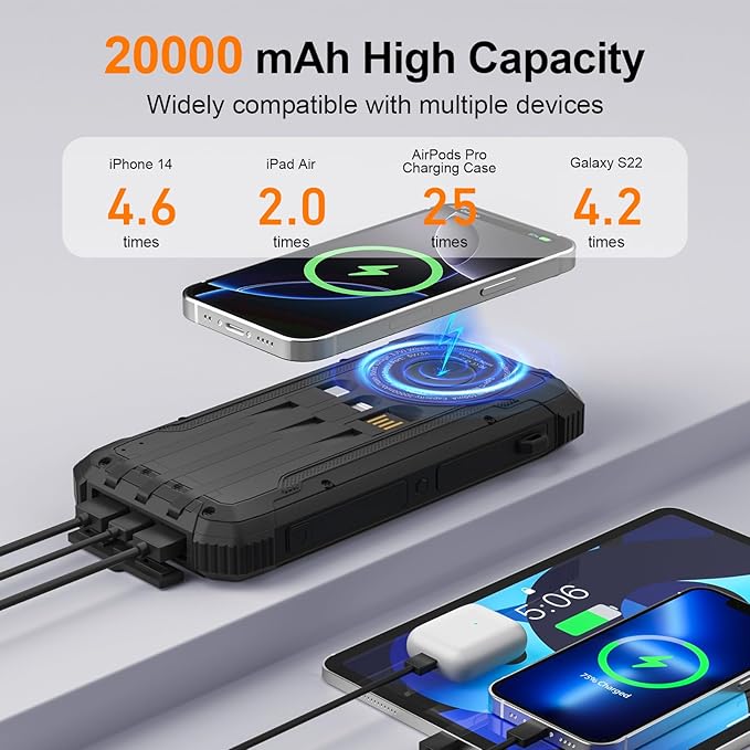 Solar Power Bank 20000mAh Wireless Portable Charger Built-in 3 Cables 15W USB-C Fast Charging Battery Pack Compatible with iPhone, Samsung, iPad, Emergency LED Flashlights Perfect for Camping, Hiking