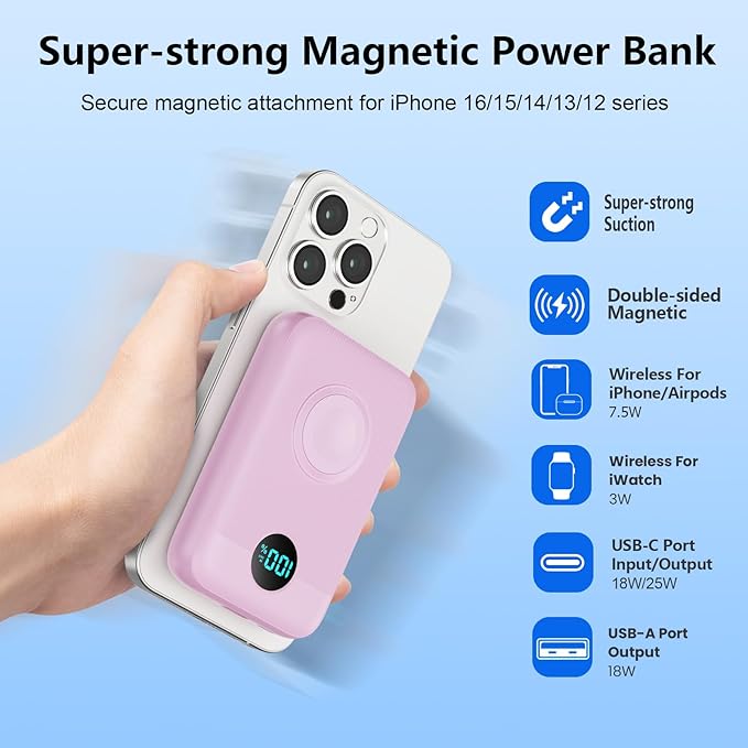 Magnetic Portable Charger for iPhone, 10800mAh 4-in-1 Wireless Power Bank with iWatch Charger, 25W PD Fast Charging Battery Pack for Magsafe, iPhone 16/15/14/13/12 Series, Apple Watch (Pink)